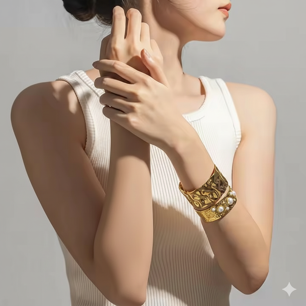 Hammered Chunky Cuff Bracelet Set (2 Pieces)