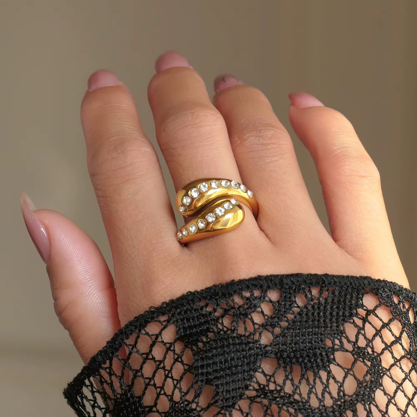 Gold Snake Coil Wrap Ring - Zircon Wave Statement Ring