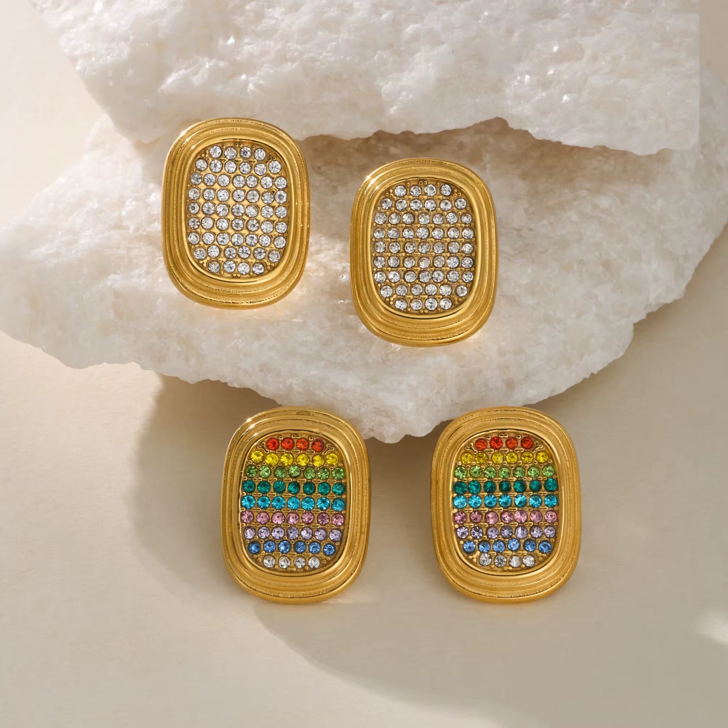 Boho Pavé Zircon Stud Earrings - Gold Plated Clear or Rainbow Crystal