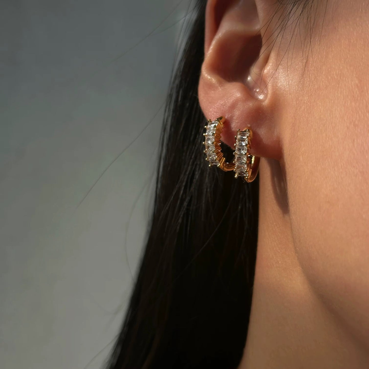 Gold Zircon Huggie Hoop Earrings - Cute Tennis Style Baguette CZ