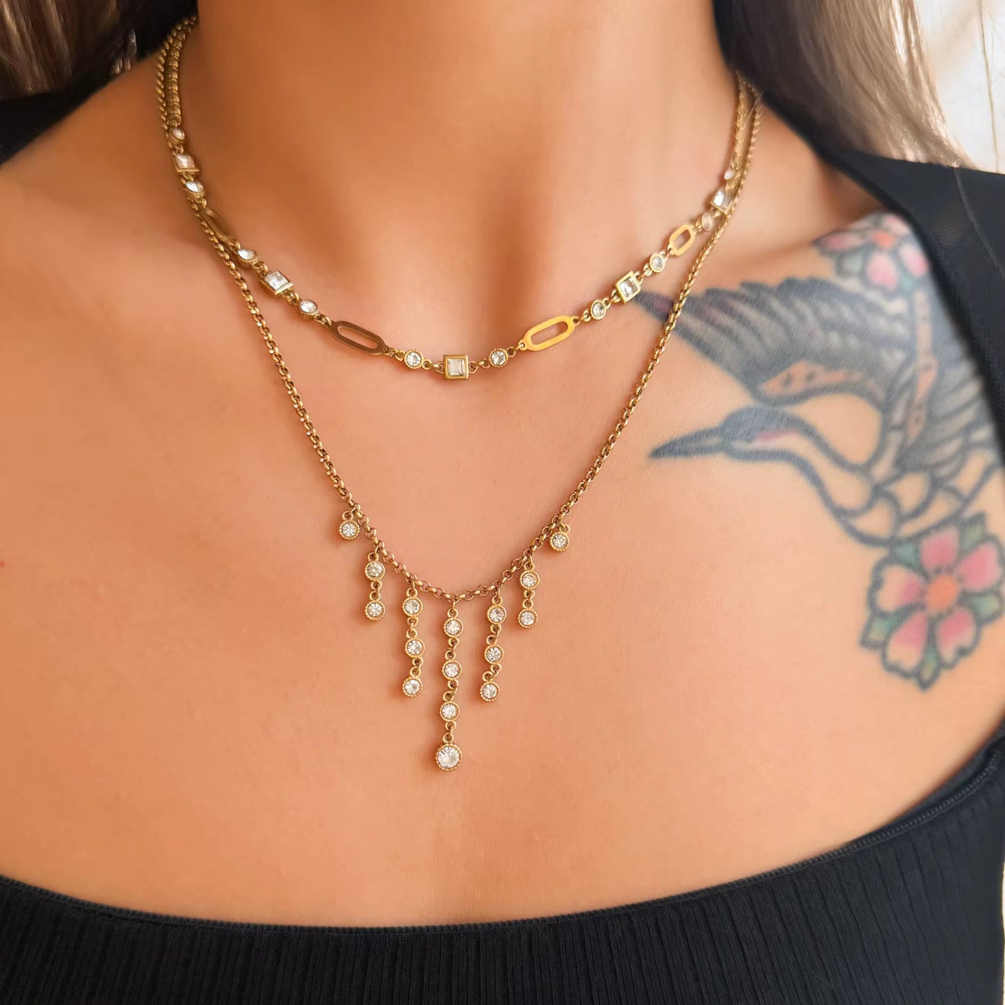 Royal Zircon Layered Necklace Set – Tassel or Cuban Chain 18K Gold Plated