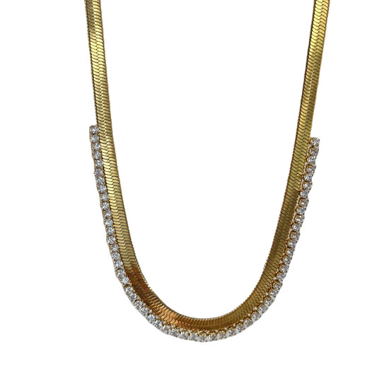 Gold Herringbone Chain Necklace with Zircon Fringe - 18K Plated Sparkle Statement