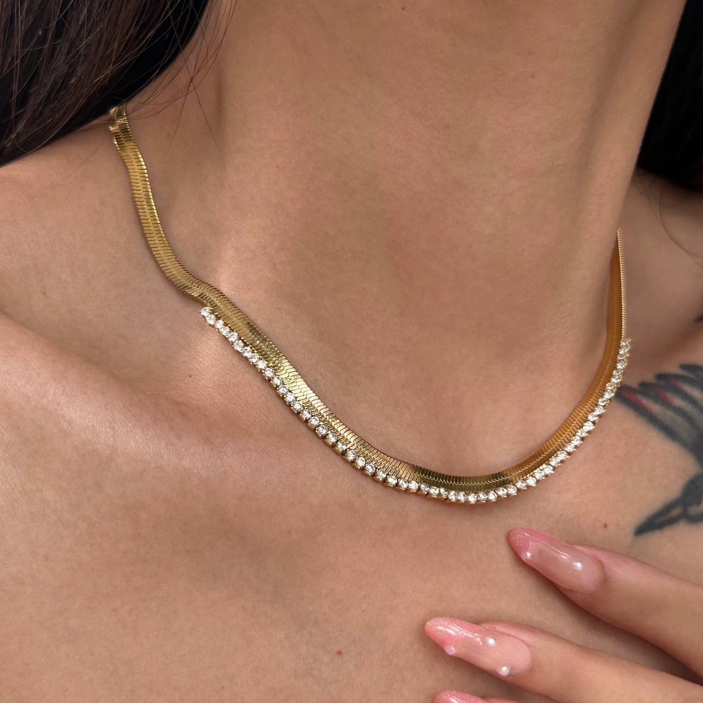 Gold Herringbone Chain Necklace with Zircon Fringe - 18K Plated Sparkle Statement