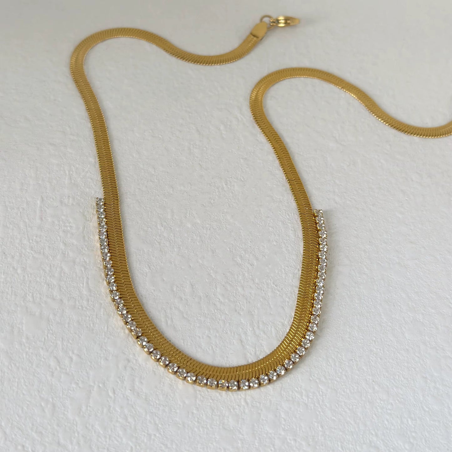 Gold Herringbone Chain Necklace with Zircon Fringe - 18K Plated Sparkle Statement