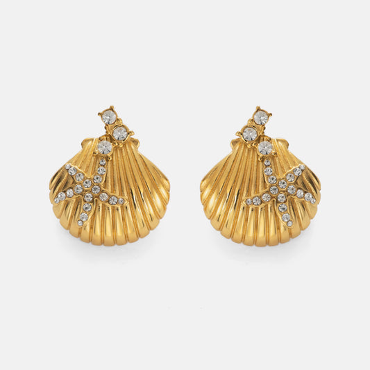 Vintage Seashell Stud Earrings with Zircon Starfish - Gold or Silver Plated