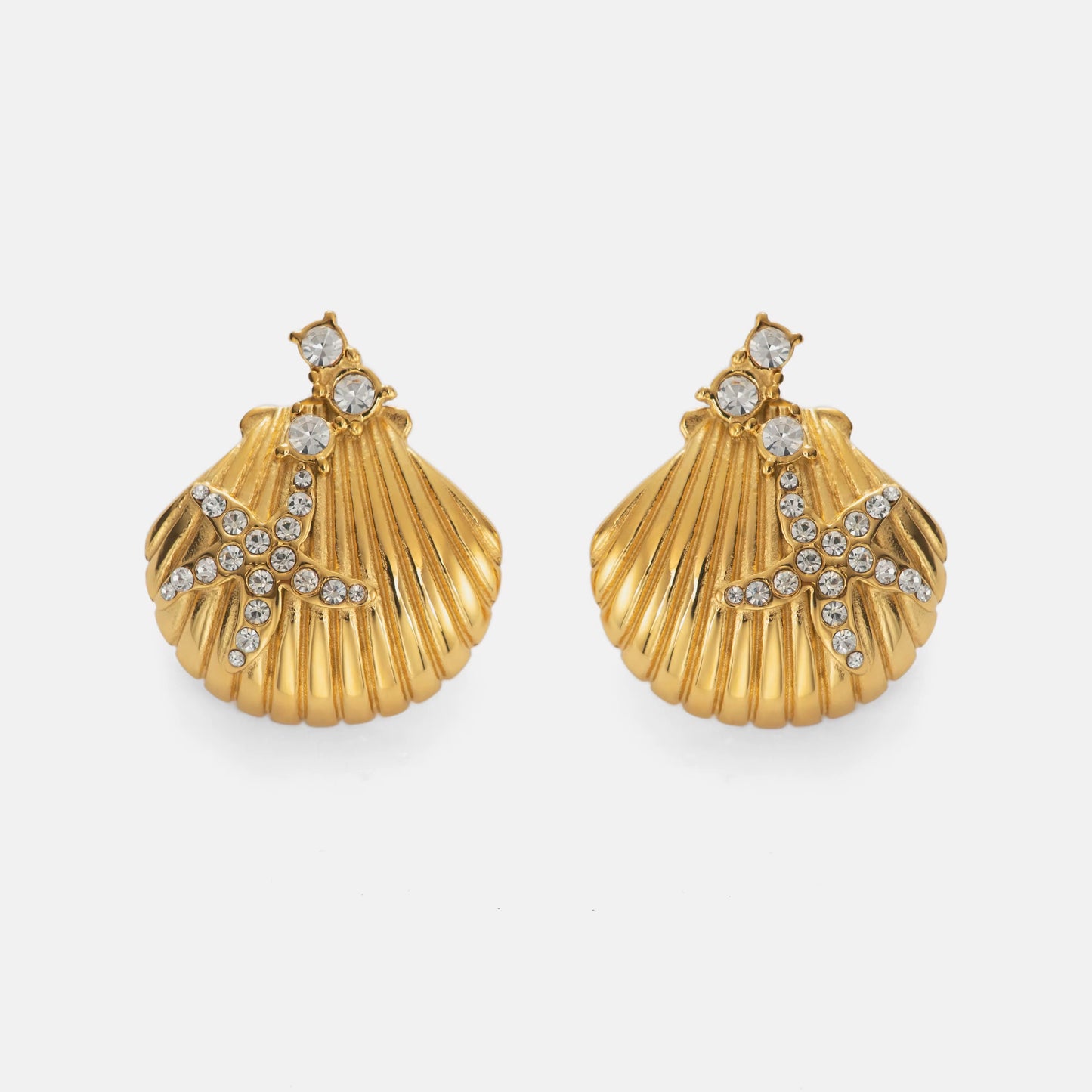 Vintage Seashell Stud Earrings with Zircon Starfish - Gold or Silver Plated