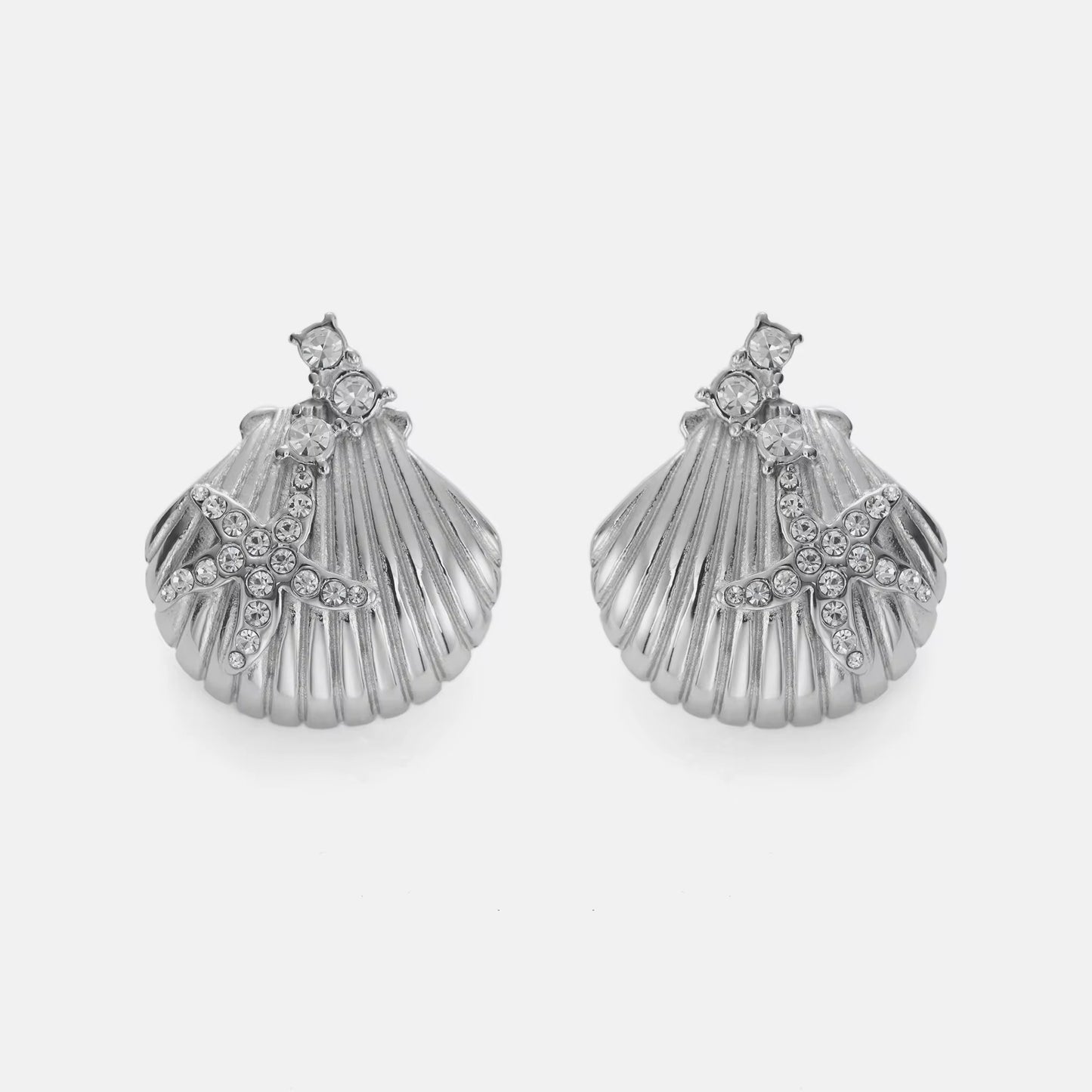 Vintage Seashell Stud Earrings with Zircon Starfish - Gold or Silver Plated