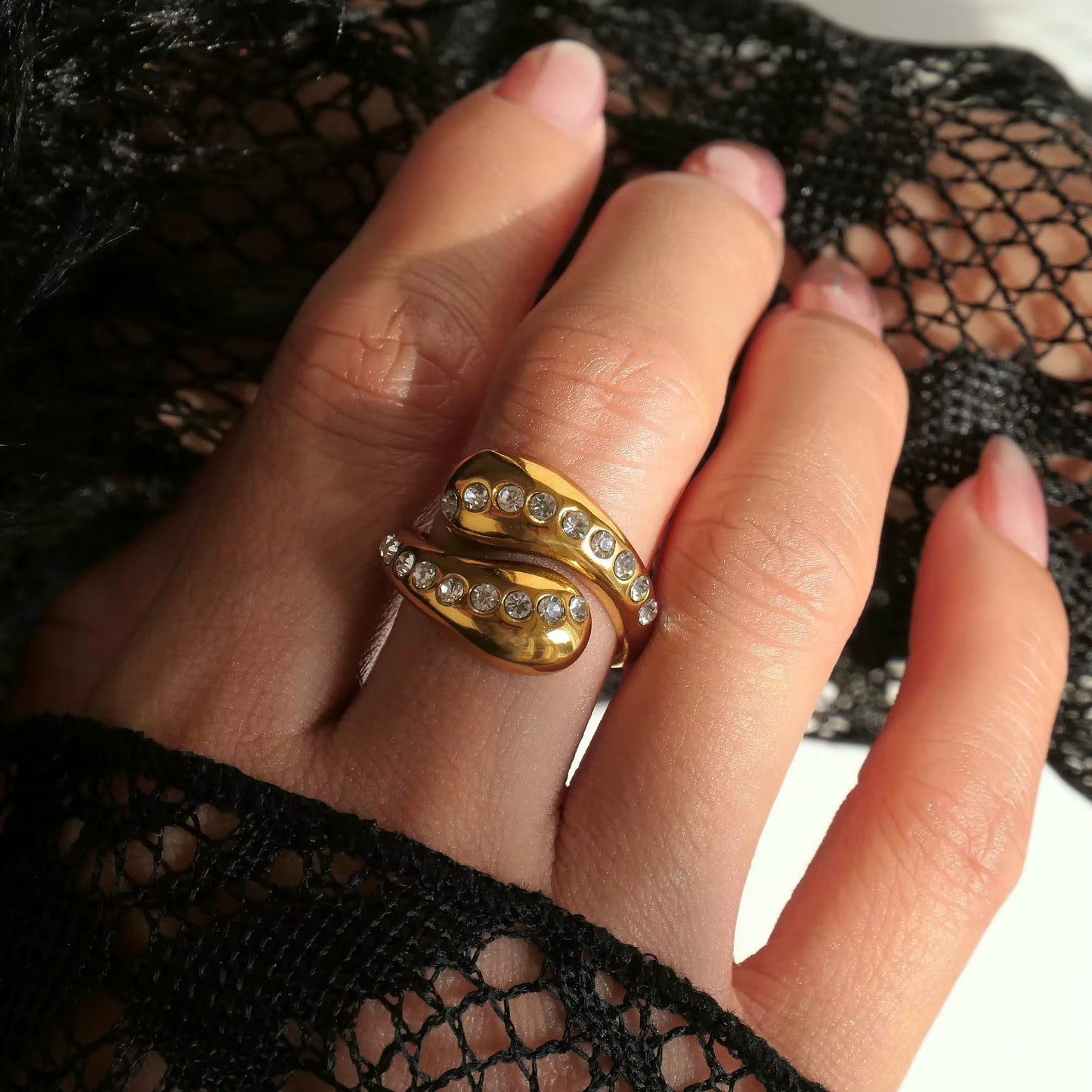 Gold Snake Coil Wrap Ring - Zircon Wave Statement Ring
