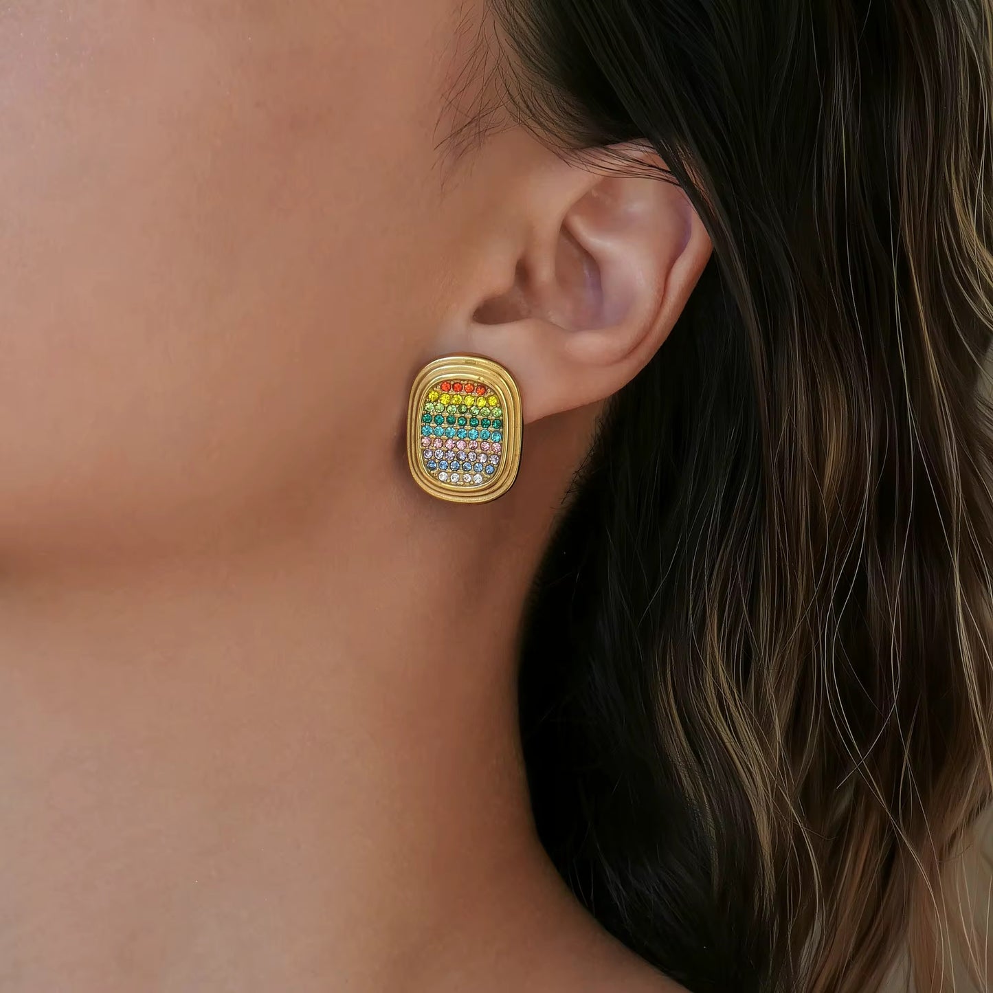 Boho Pavé Zircon Stud Earrings - Gold Plated Clear or Rainbow Crystal