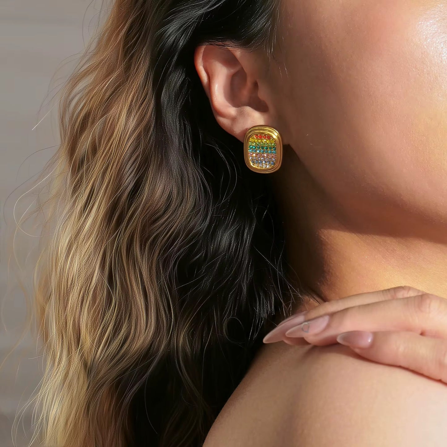 Boho Pavé Zircon Stud Earrings - Gold Plated Clear or Rainbow Crystal