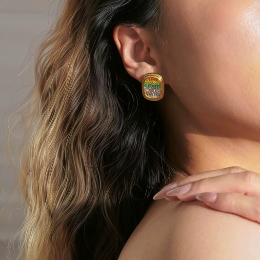 Boho Pavé Zircon Stud Earrings - Gold Plated Clear or Rainbow Crystal