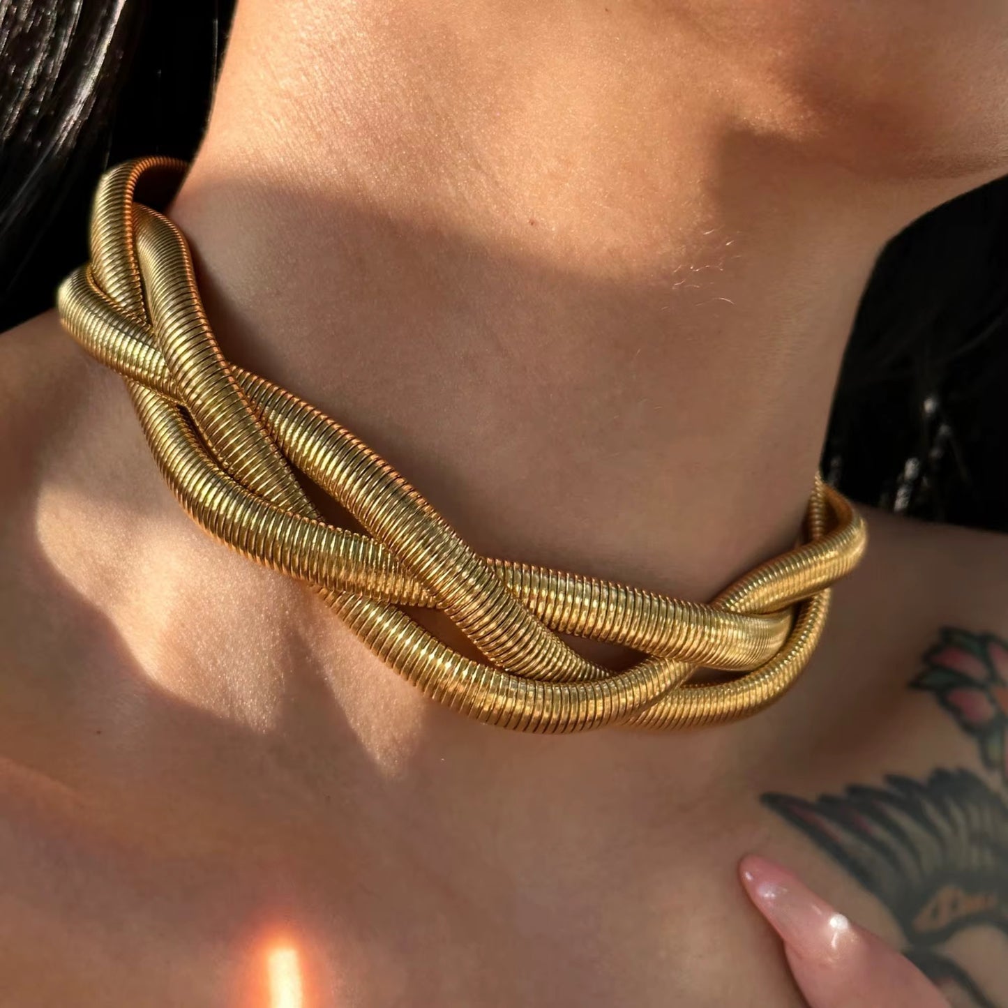 Gold Triple Layer Twisted Snake Chain Choker Necklace - 18K Plated Statement