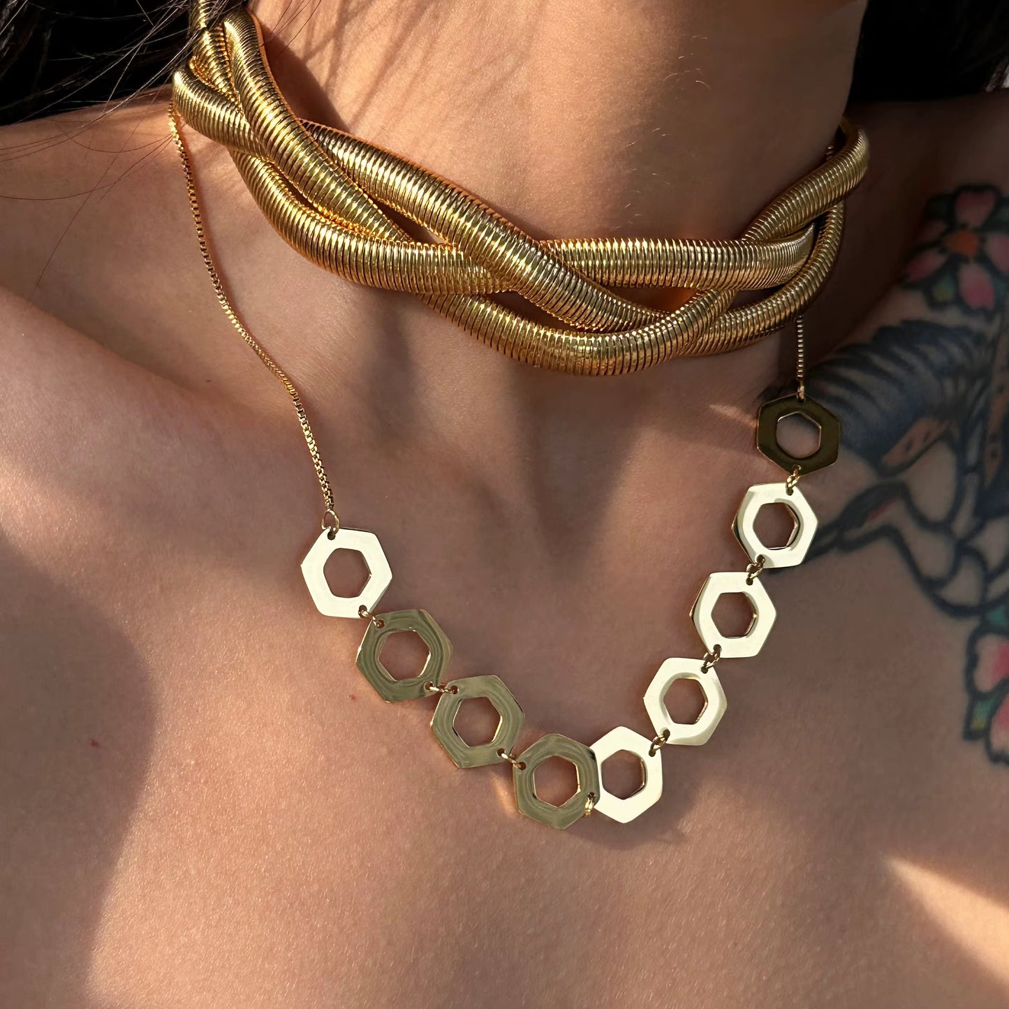 Gold Triple Layer Twisted Snake Chain Choker Necklace - 18K Plated Statement