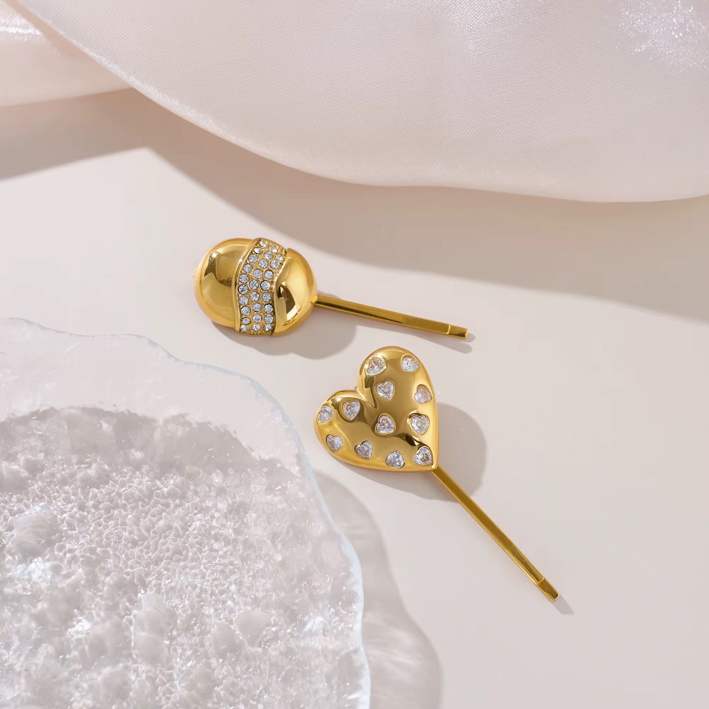 Gold Zircon Hair Clips - Boho Iced Out Dome & Heart Bobby Pins (Set of 2)
