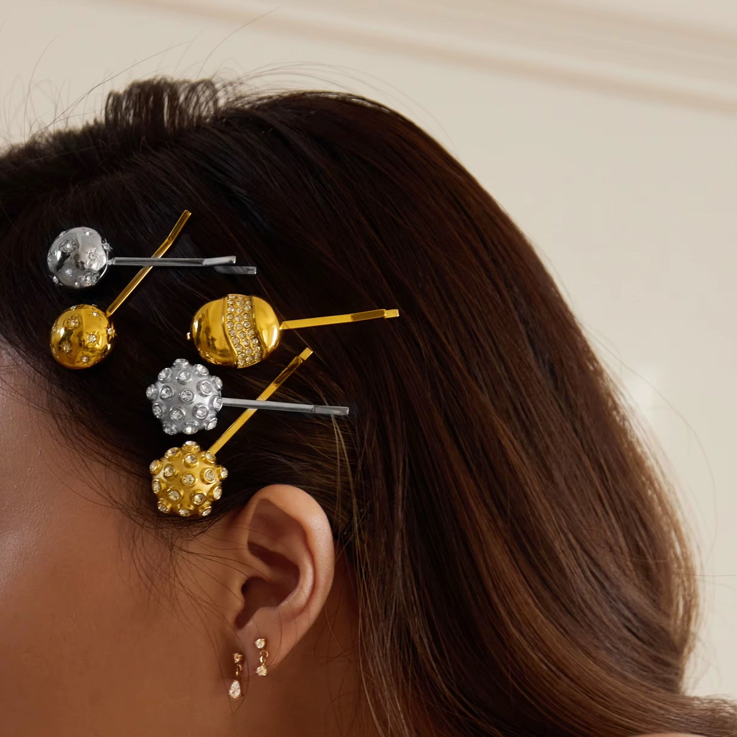 Gold Zircon Hair Clips - Boho Iced Out Dome & Heart Bobby Pins (Set of 2)