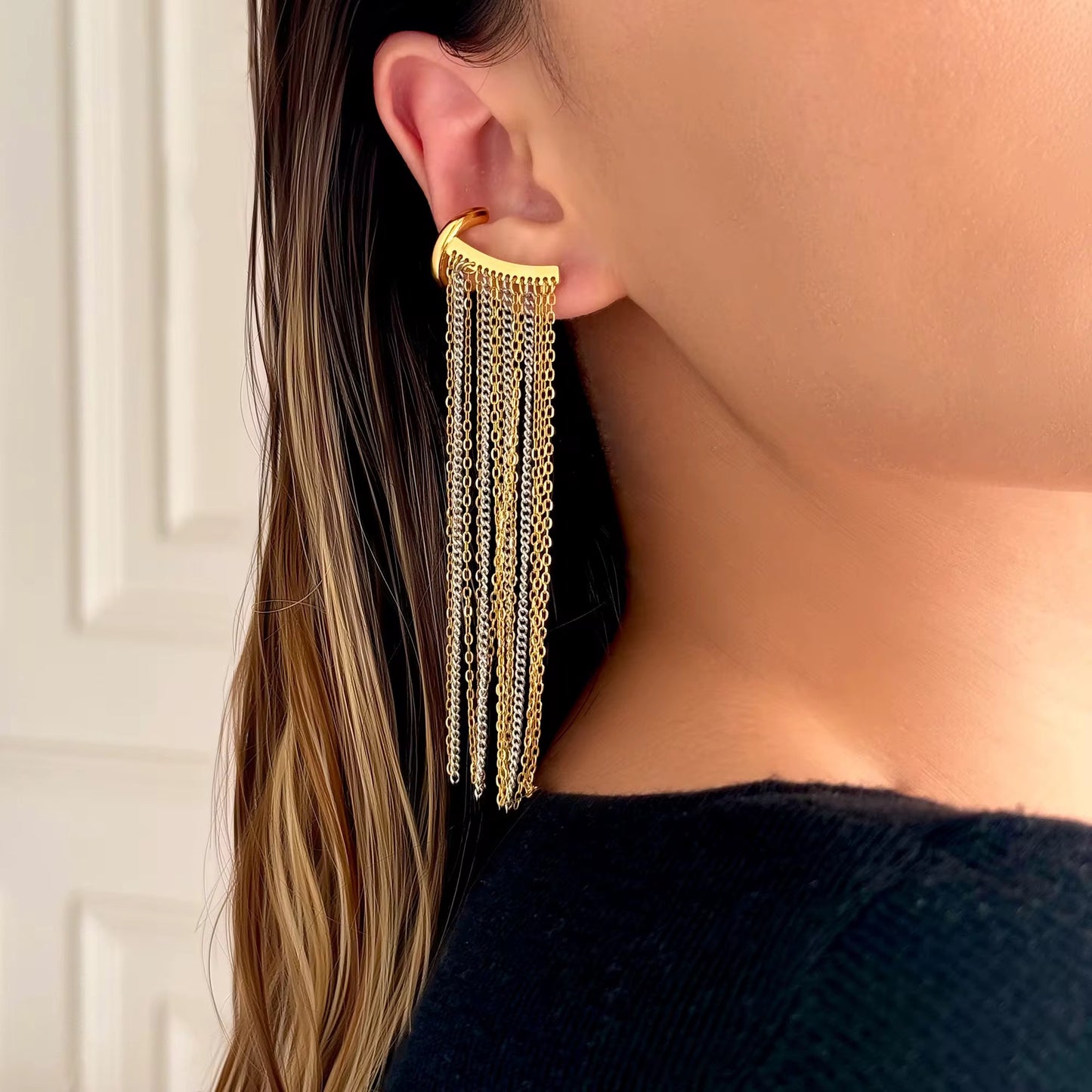 Brazilian Tassel Chandelier Earrings - Gold & Silver Chain Fringe Huggies