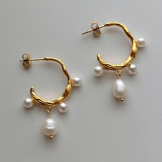 Irregular Branch Pearl Hoop Earrings - Gold Plated Freshwater Pearl Dangles