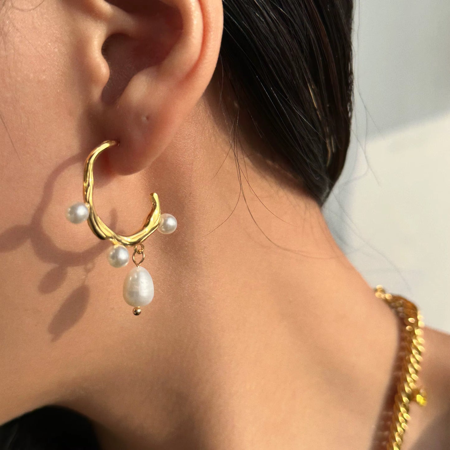 Irregular Branch Pearl Hoop Earrings - Gold Plated Freshwater Pearl Dangles