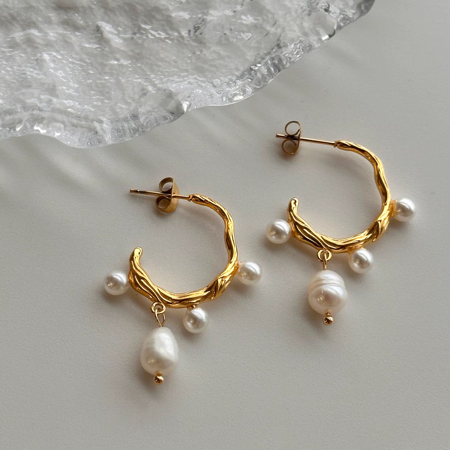 Irregular Branch Pearl Hoop Earrings - Gold Plated Freshwater Pearl Dangles