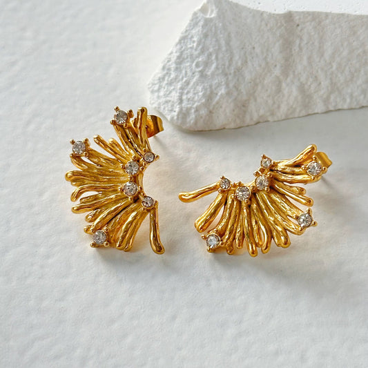 Rococo Sunflower Fan Stud Earrings - Gold Plated Zircon Statement