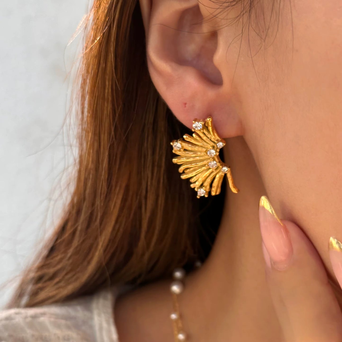 Rococo Sunflower Fan Stud Earrings - Gold Plated Zircon Statement