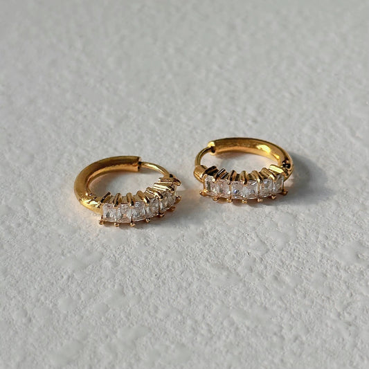 Gold Zircon Huggie Hoop Earrings - Cute Tennis Style Baguette CZ