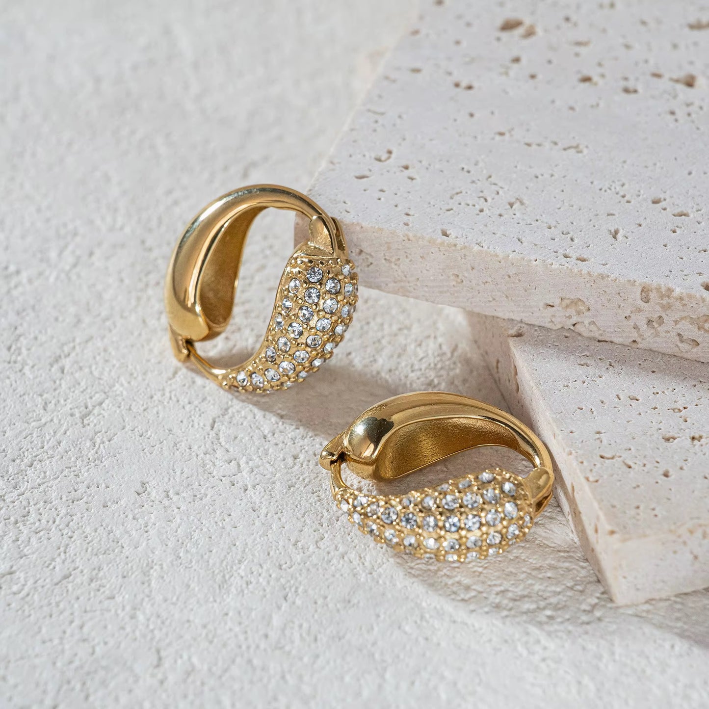 Boho Tai Chi Angel Wing Zircon Huggie Earrings - Gold Plated Iced Out Hoops