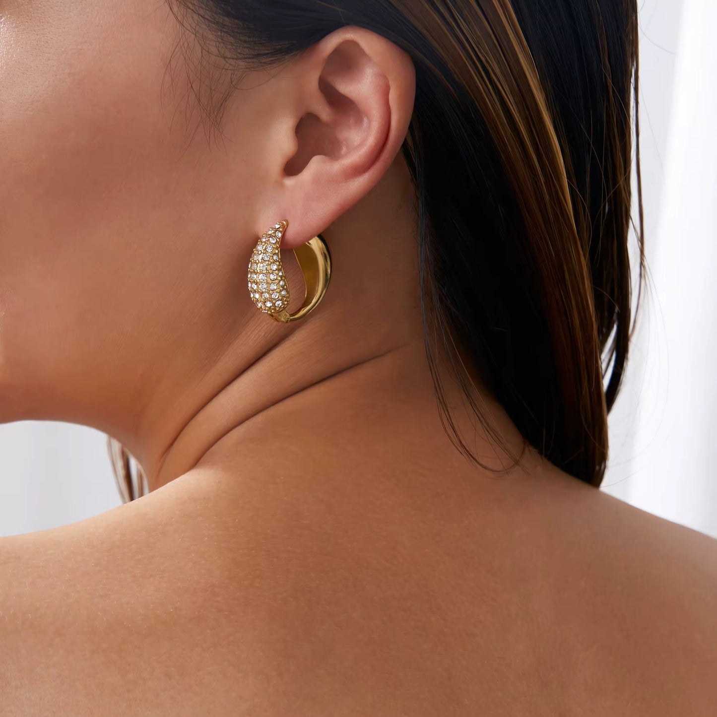 Boho Tai Chi Angel Wing Zircon Huggie Earrings - Gold Plated Iced Out Hoops