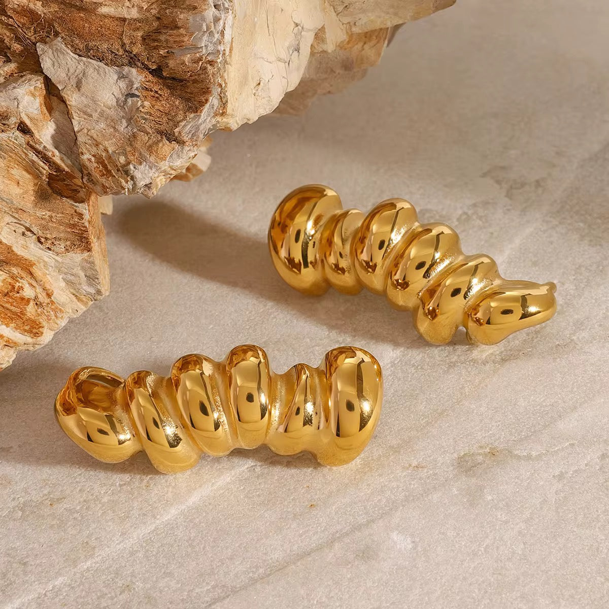 Gold Twisted Croissant Hoop Earrings - Chunky Puffy Dome Boho Huggies
