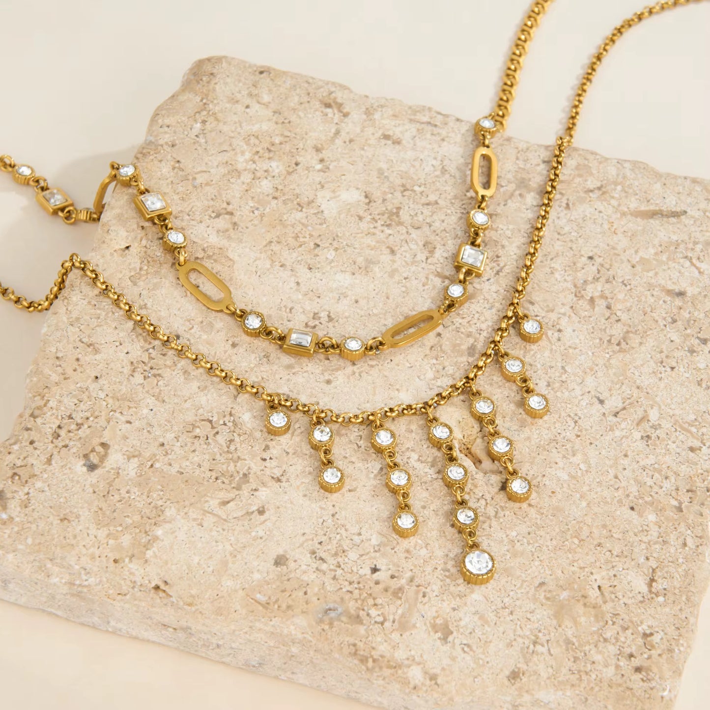 Royal Zircon Layered Necklace Set – Tassel or Cuban Chain  18K Gold Plated