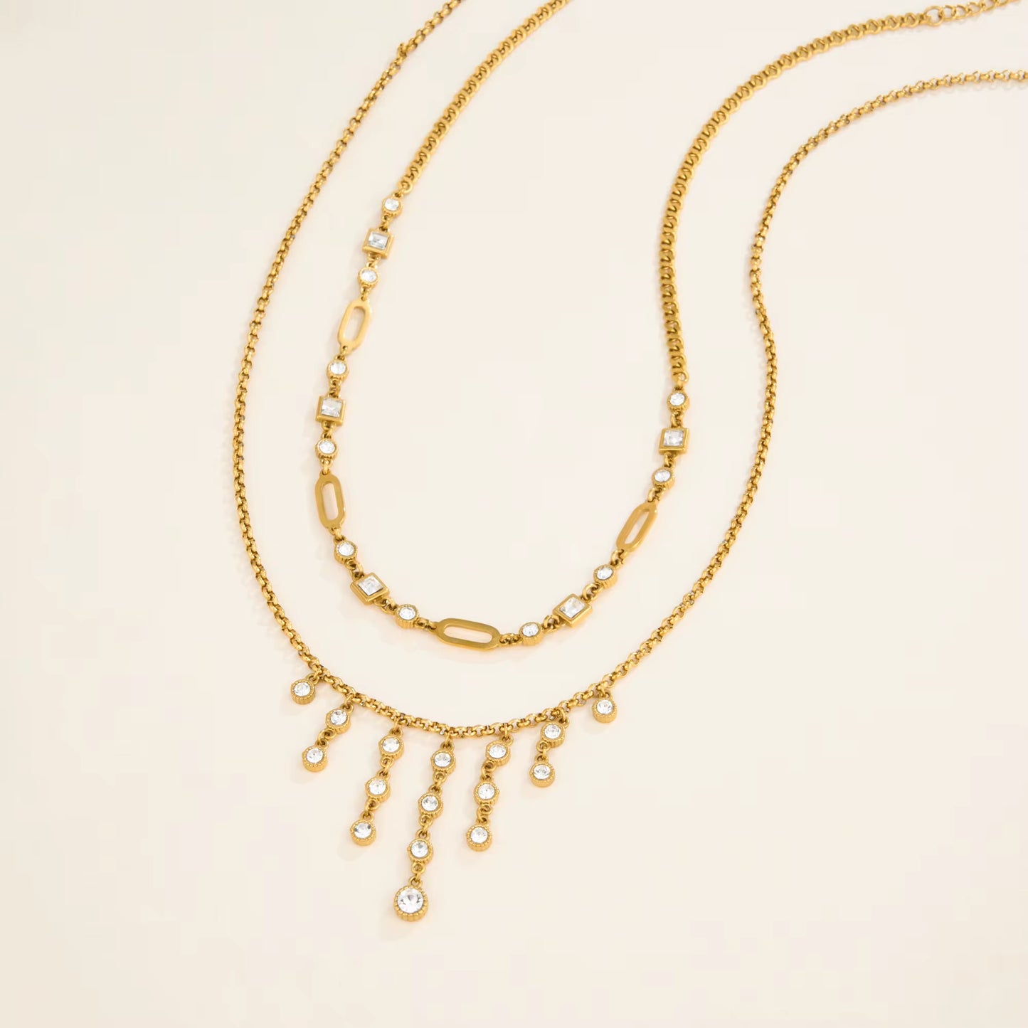 Royal Zircon Layered Necklace Set – Tassel or Cuban Chain  18K Gold Plated