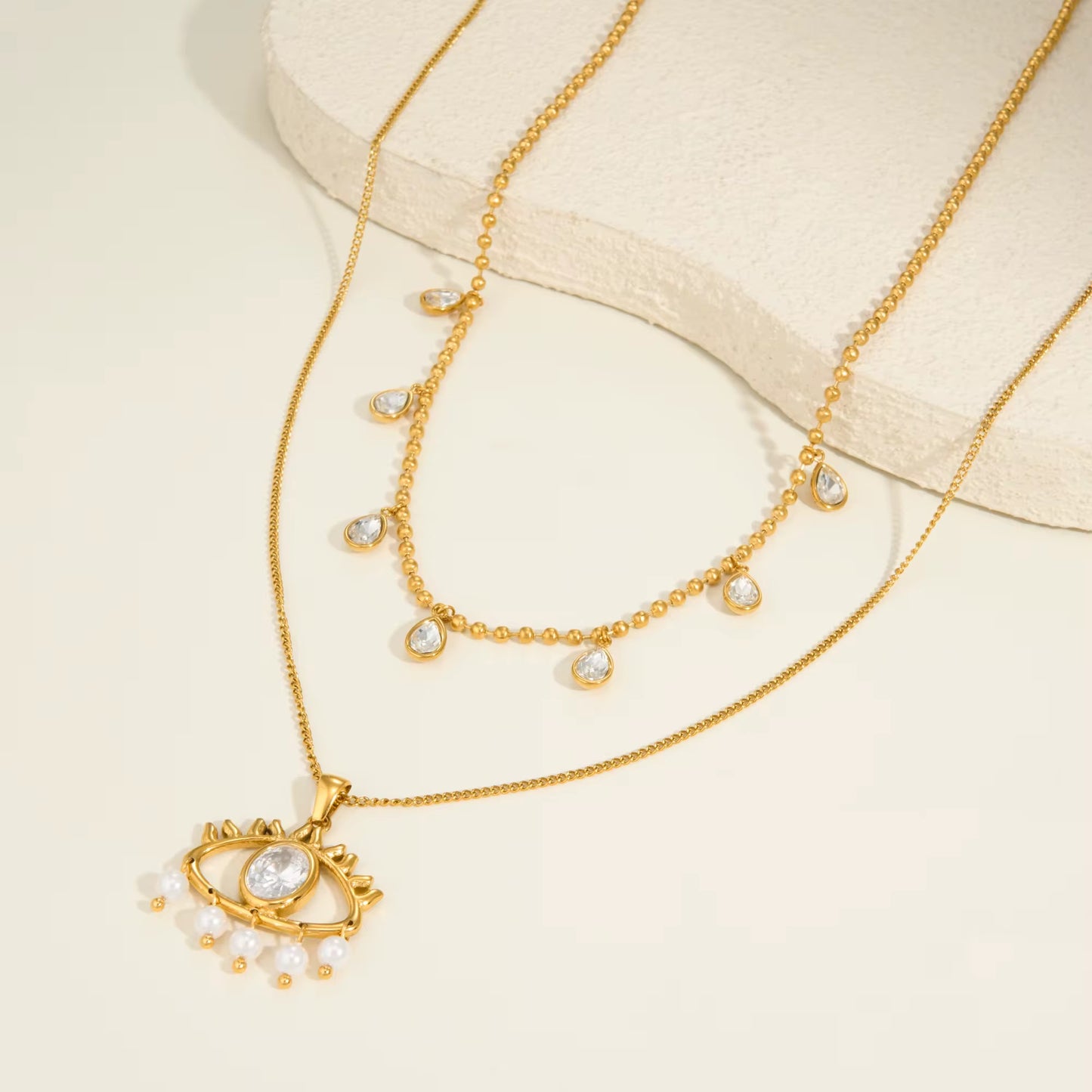 Gold Beaded Zircon Teardrop Necklace – 18K Gold Plated