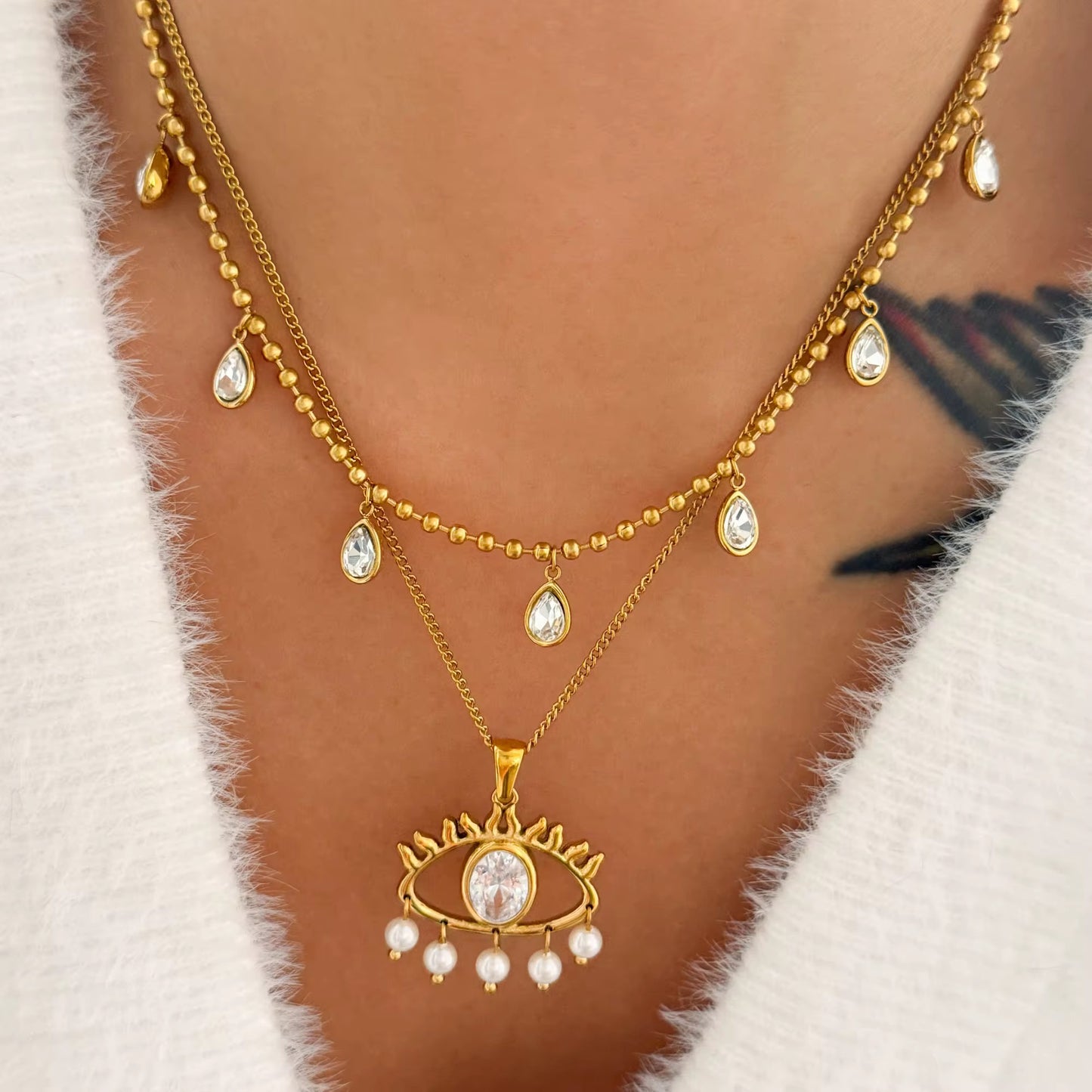 Gold Beaded Zircon Teardrop Necklace – 18K Gold Plated