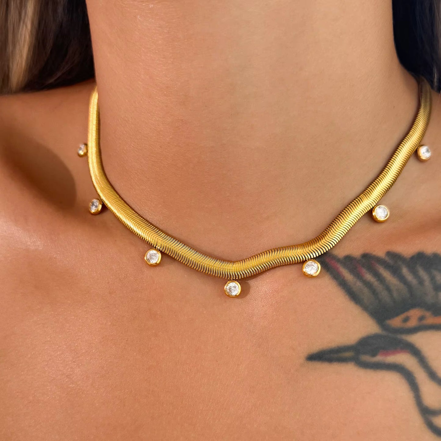 Vintage Herringbone Zircon Dangle Choker – 18K Gold Plated Elegance ✨