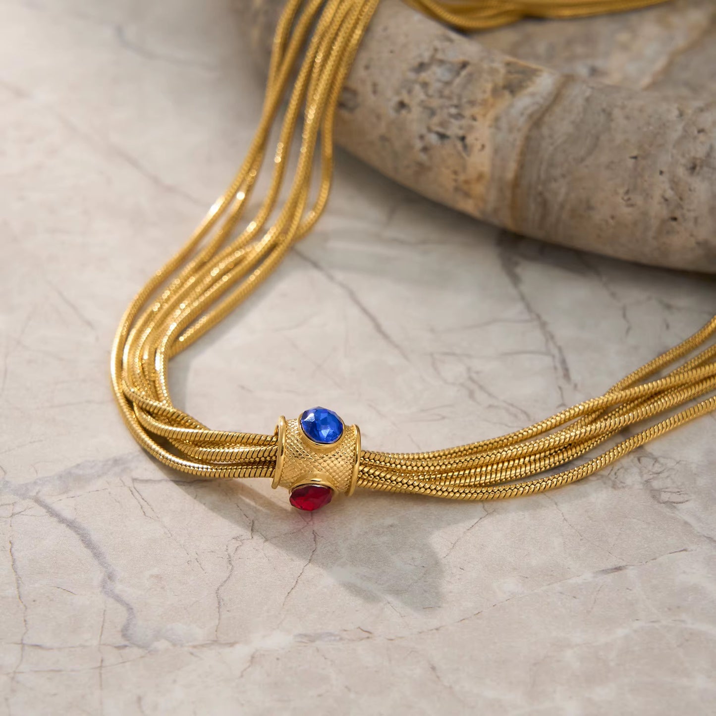 Vintage Multi Layered Red Zircon Dice Necklace – 18K Gold Plated