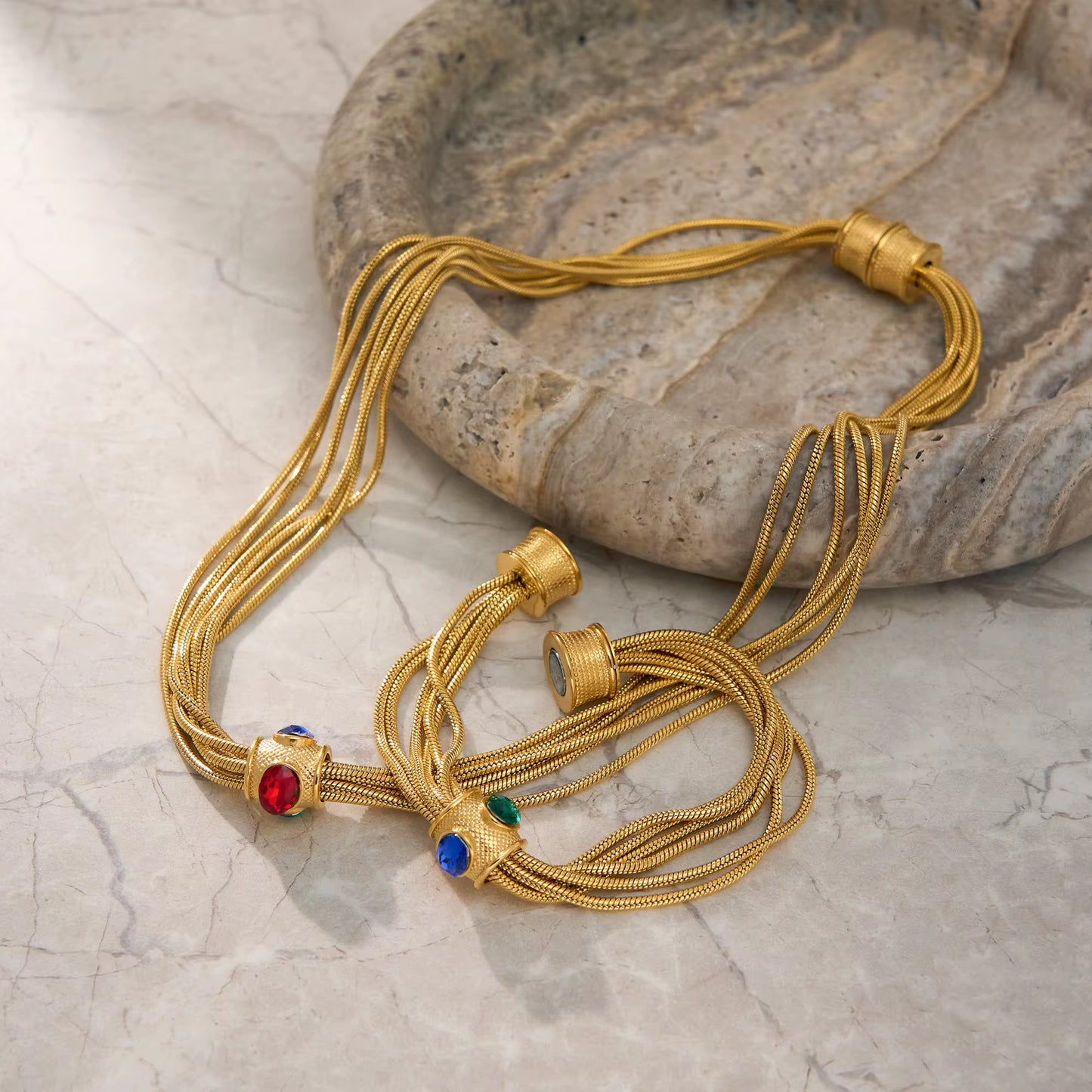 Vintage Multi Layered Red Zircon Dice Necklace – 18K Gold Plated