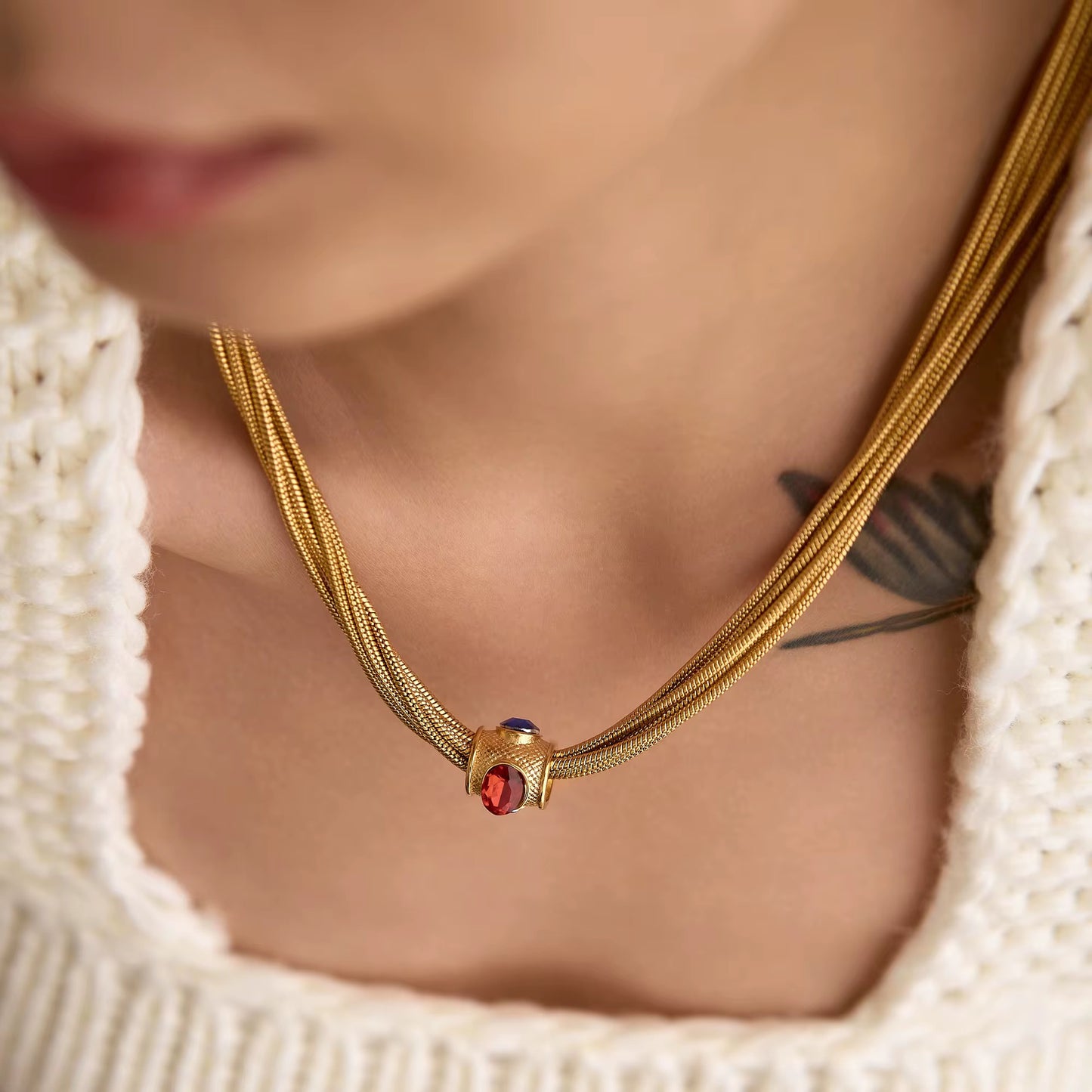 Vintage Multi Layered Red Zircon Dice Necklace – 18K Gold Plated