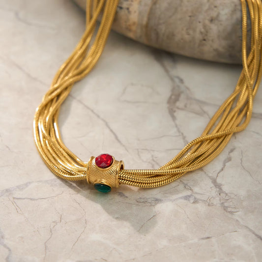 Vintage Multi Layered Red Zircon Dice Necklace – 18K Gold Plated