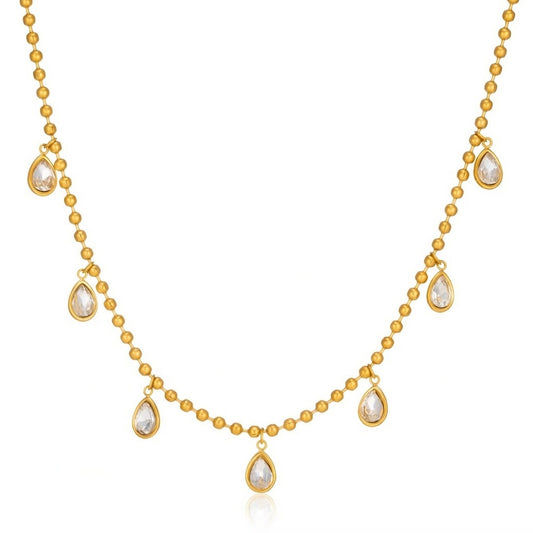 Gold Beaded Zircon Teardrop Necklace – 18K Gold Plated
